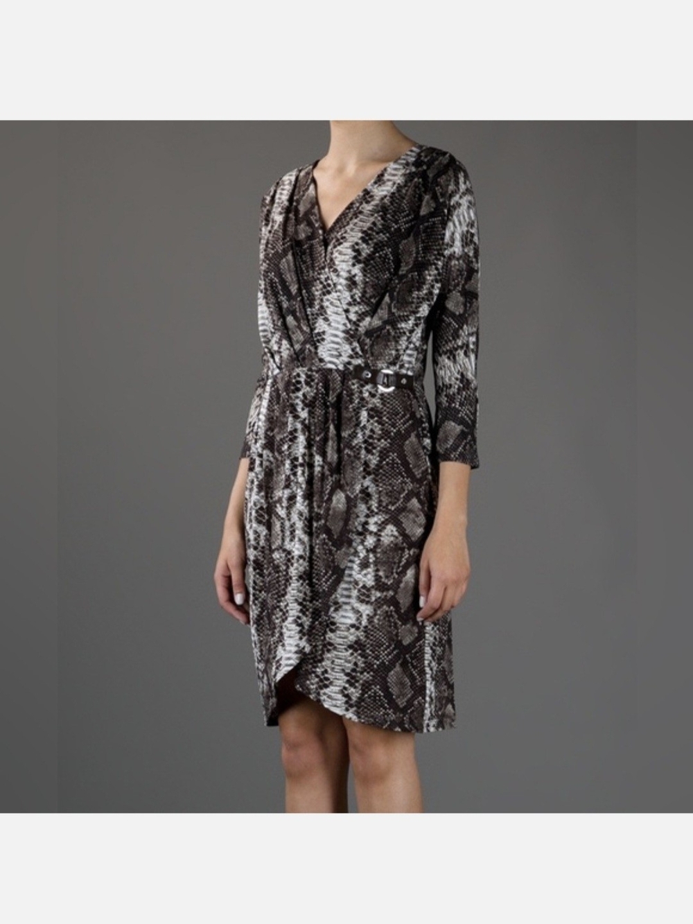 Michael Kors Snakeskin Print V-Neck Faux Wrap Midi Dress - S